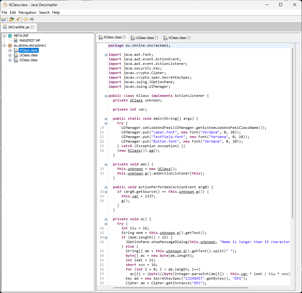 Java Decompiler mit geladener Crackme